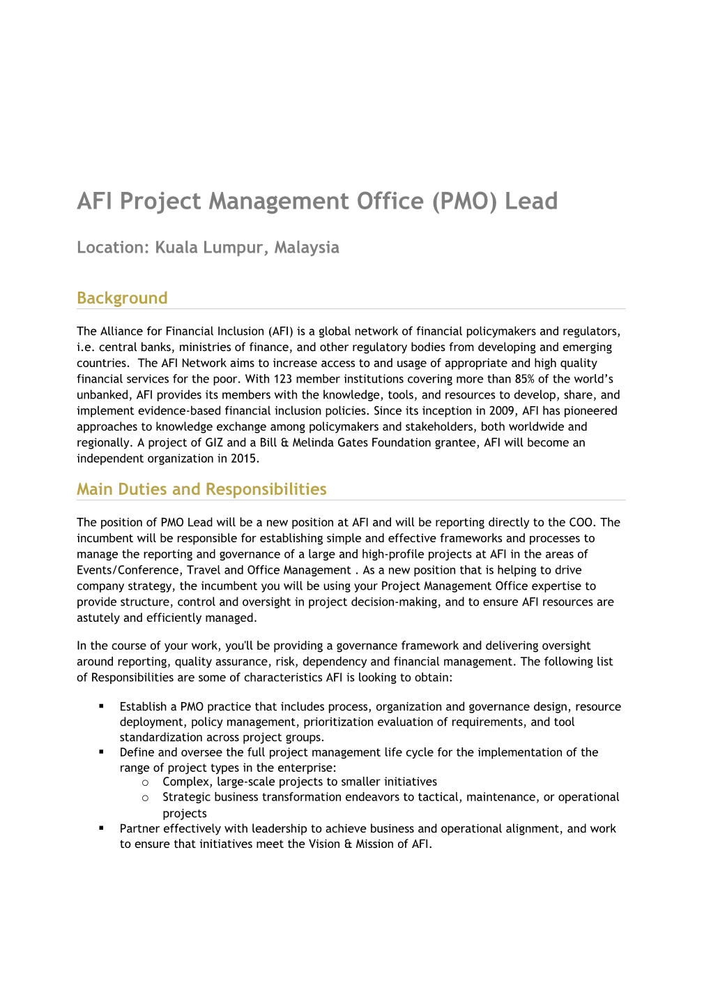 AFI Project Management Office (PMO) Lead