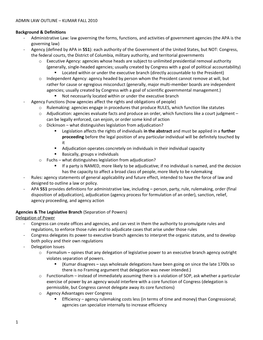 Admin Law Outline Kumar Fall 2010