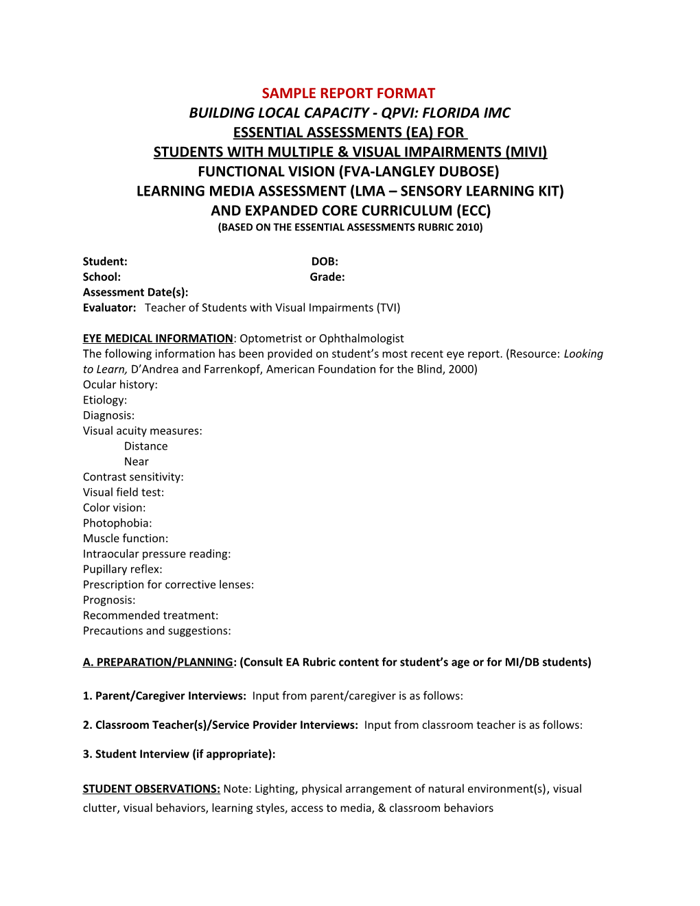 Sample Report Format for Essential Assessments