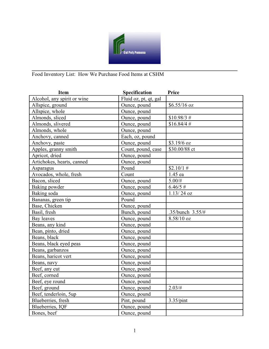 Food Inventory List: How We Purchase Food Items at CSHM