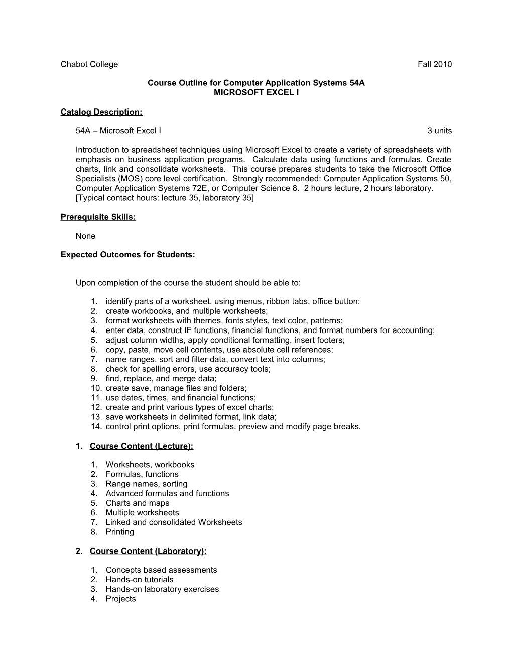 Course Outline for Computer Application Systems 54A, Page 2