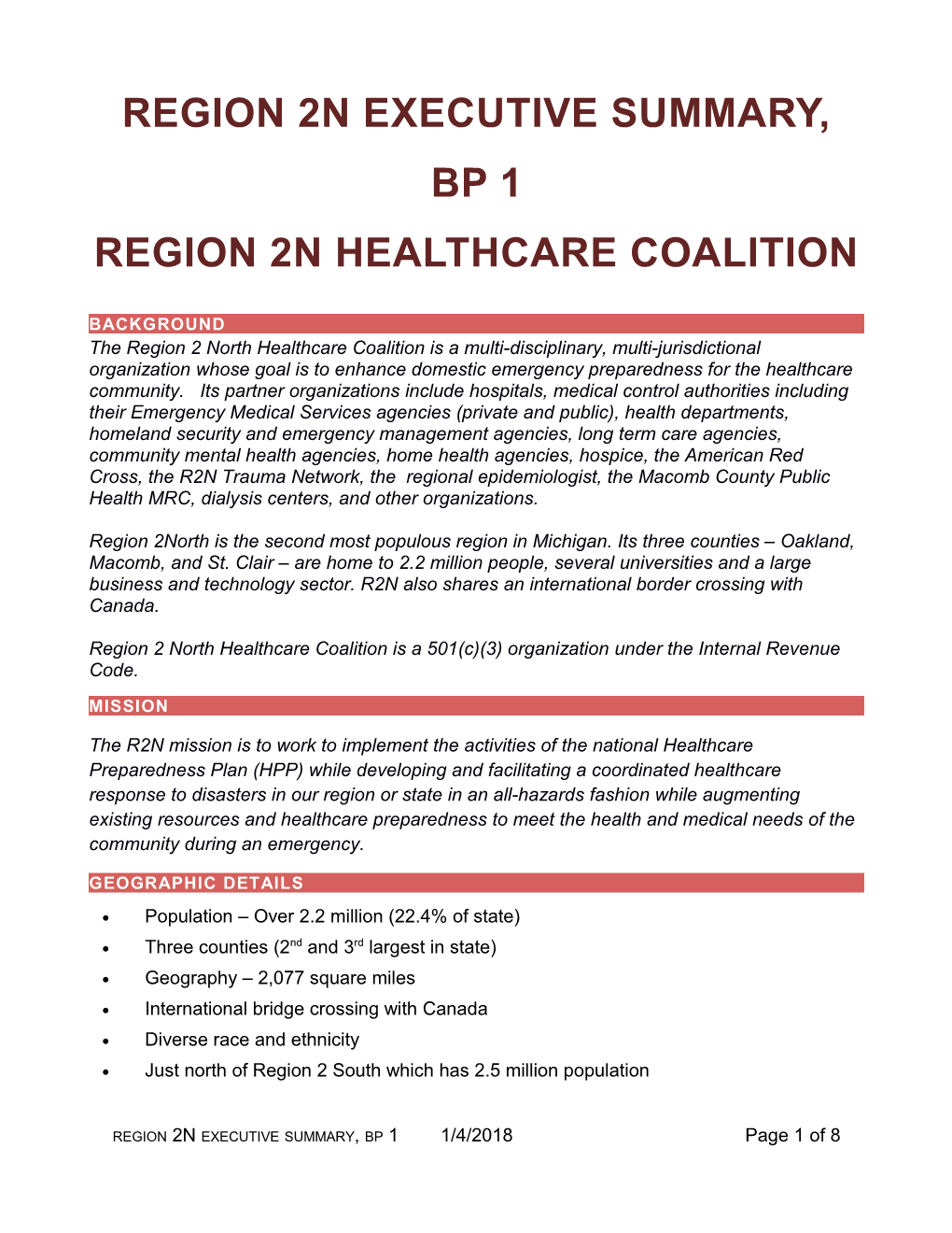 R2N Healthcare Coalition Executive Summary BP1