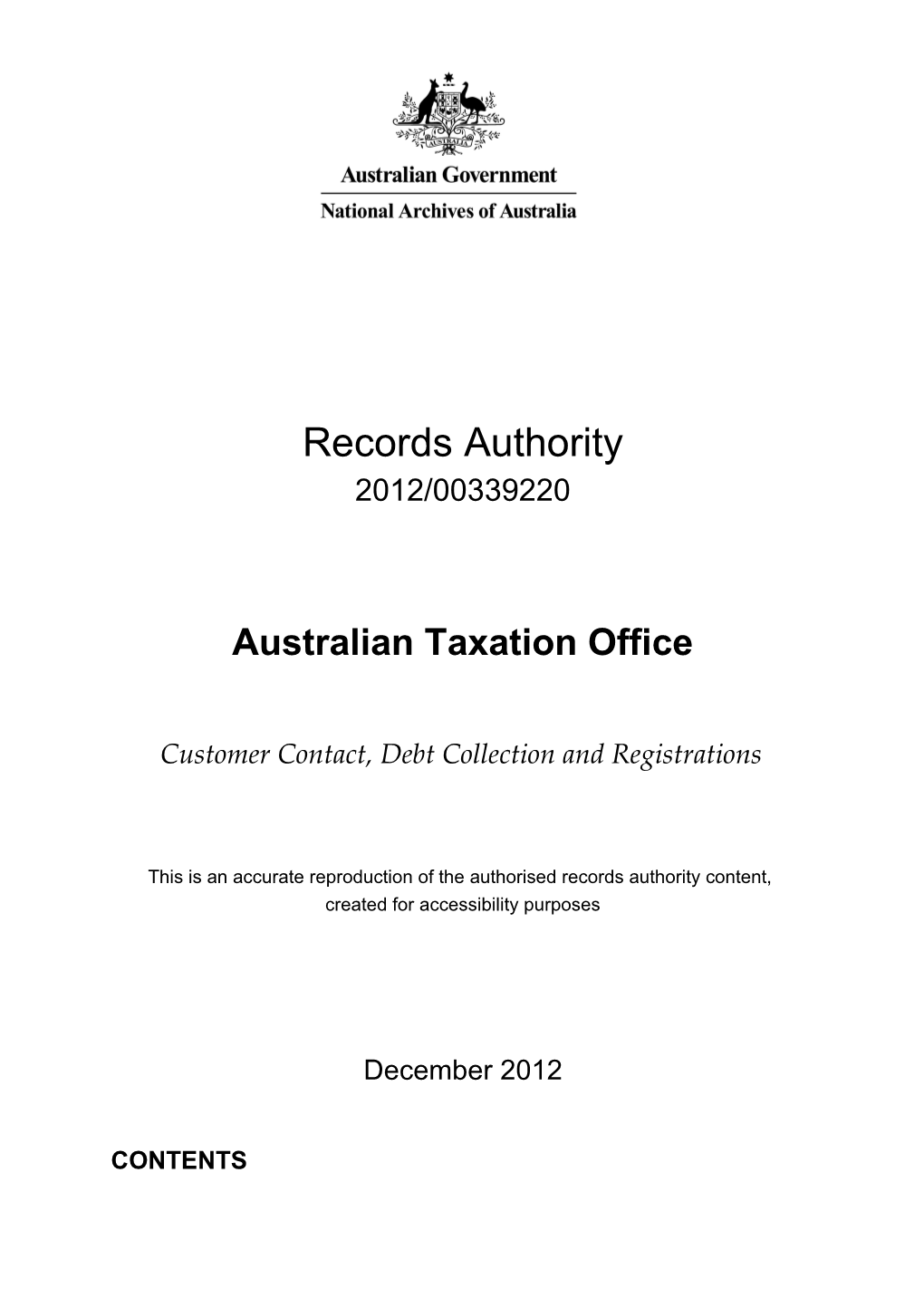 Australian Taxation Office Records Authority 2012/00339220