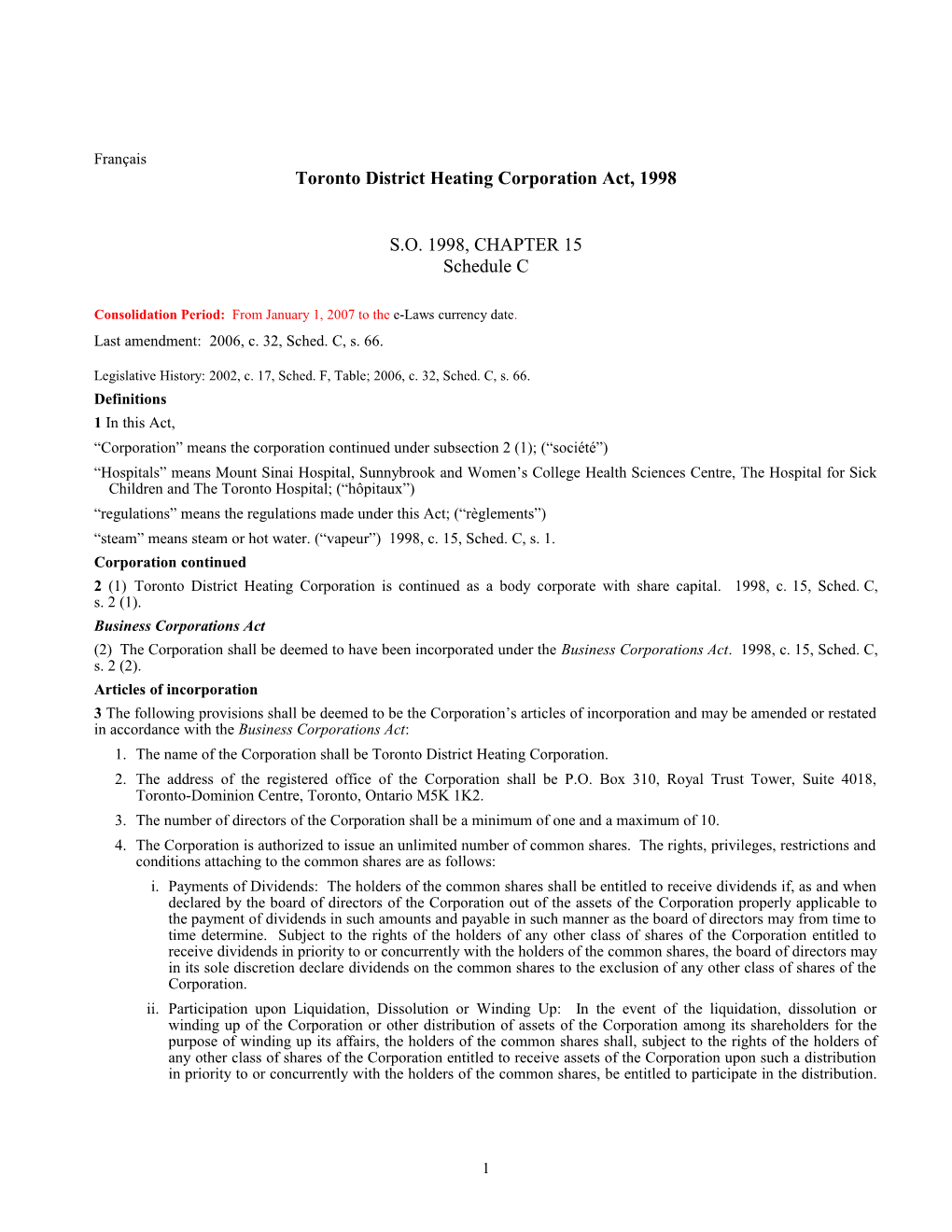 Toronto District Heating Corporation Act, 1998, S.O. 1998, C. 15, Sched. C