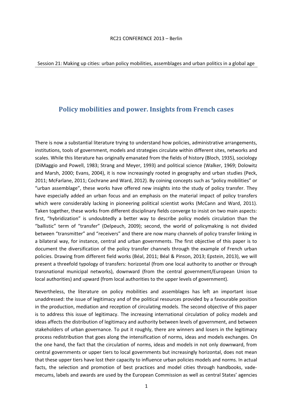 Policy Mobilities and Power. Insights from French Cases