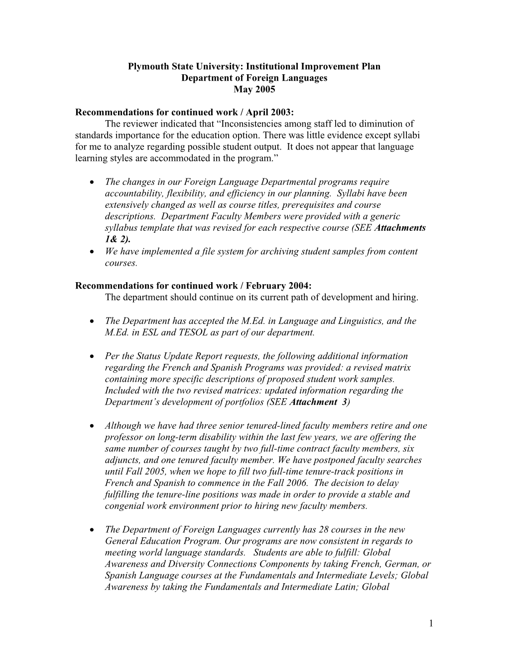 Plymouth State University: Institutional Improvement Plan