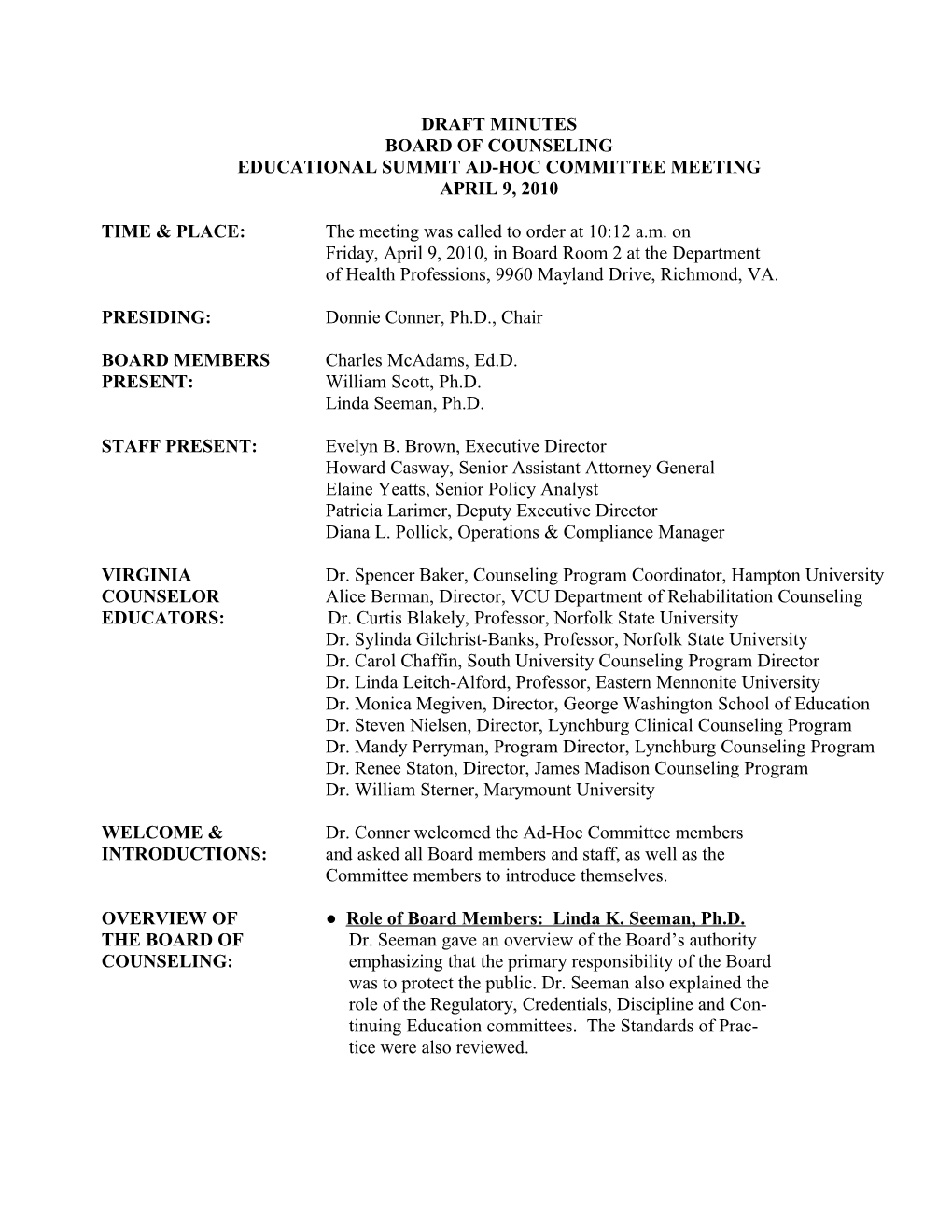 BOARD of COUNSELING Minutes 4-9-2010