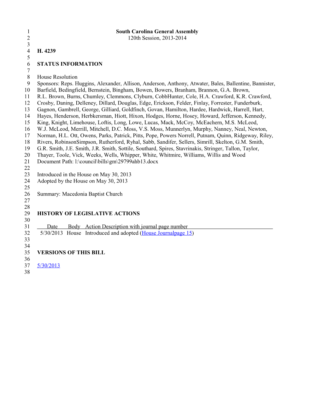 2013-2014 Bill 4239: Macedonia Baptist Church - South Carolina Legislature Online
