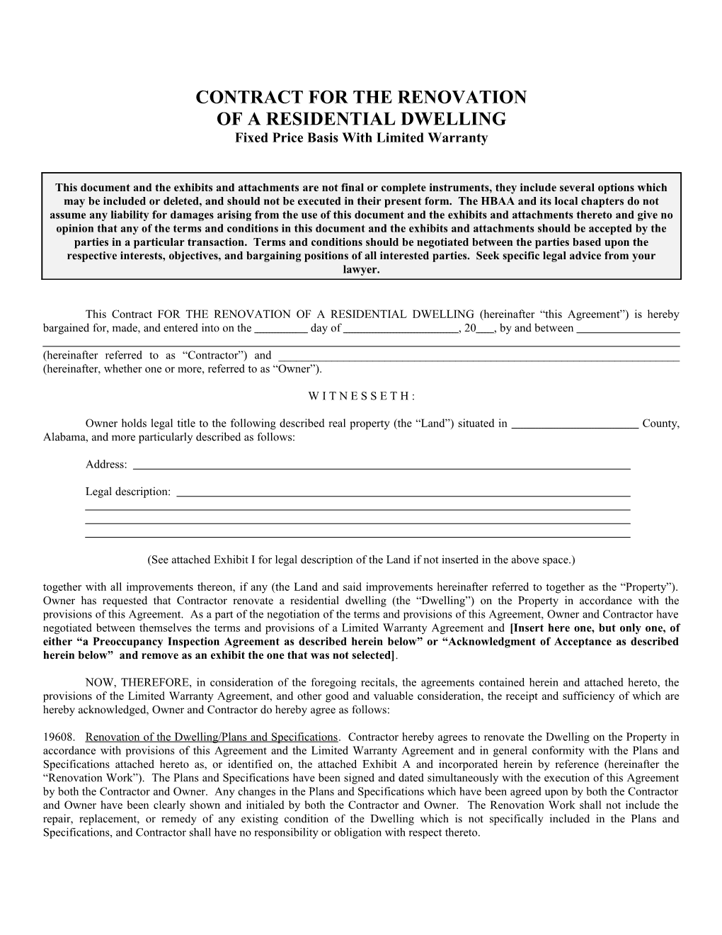 Agreement for the Renovation