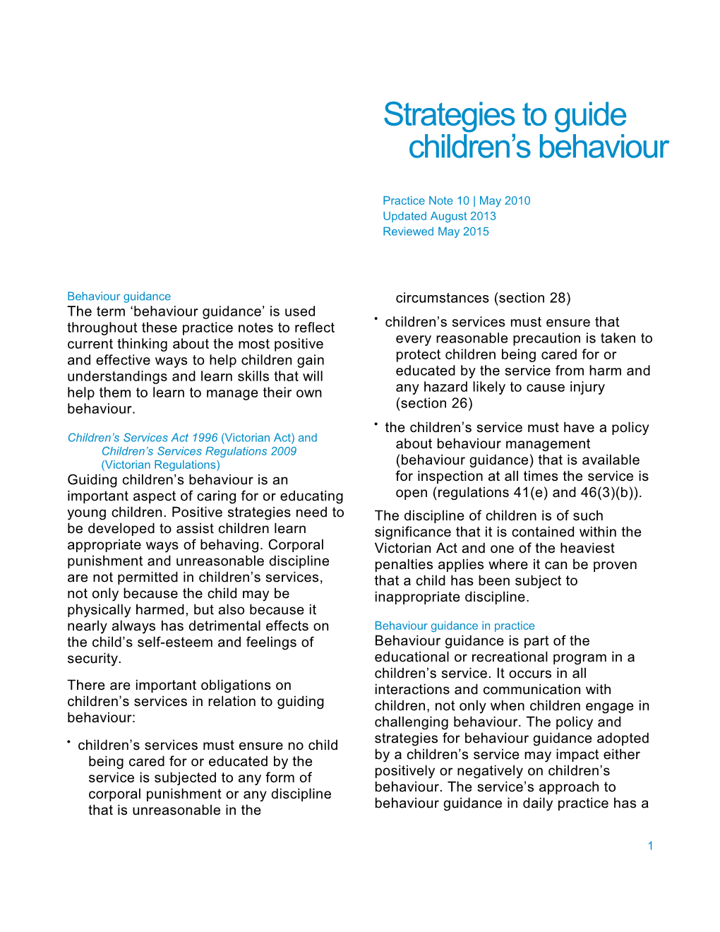 Practice Note - Strategies to Guide Children's Behaviour