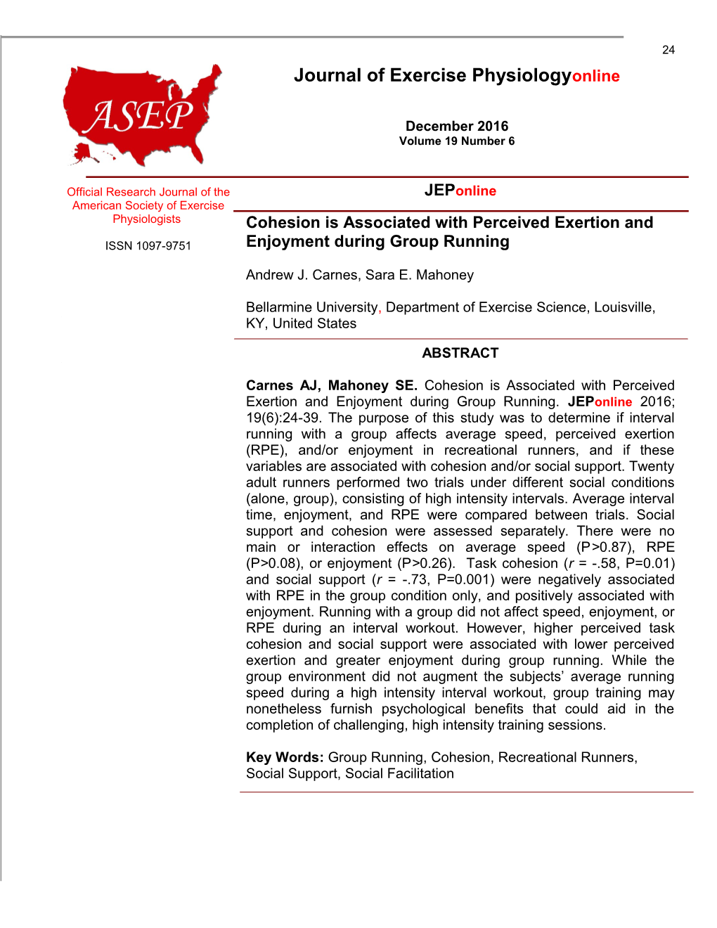 Cohesion Is Associated with Perceived Exertion and Enjoyment During Group Running