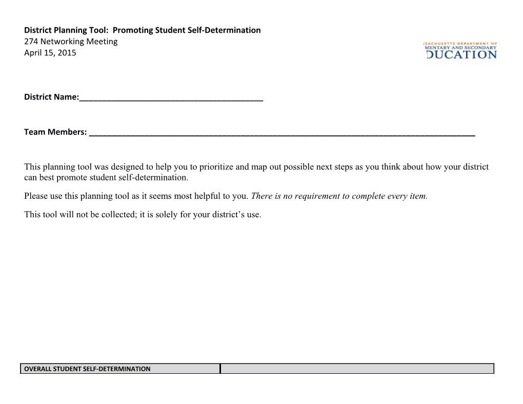 District Planning Tool: Promoting Student Self-Determination