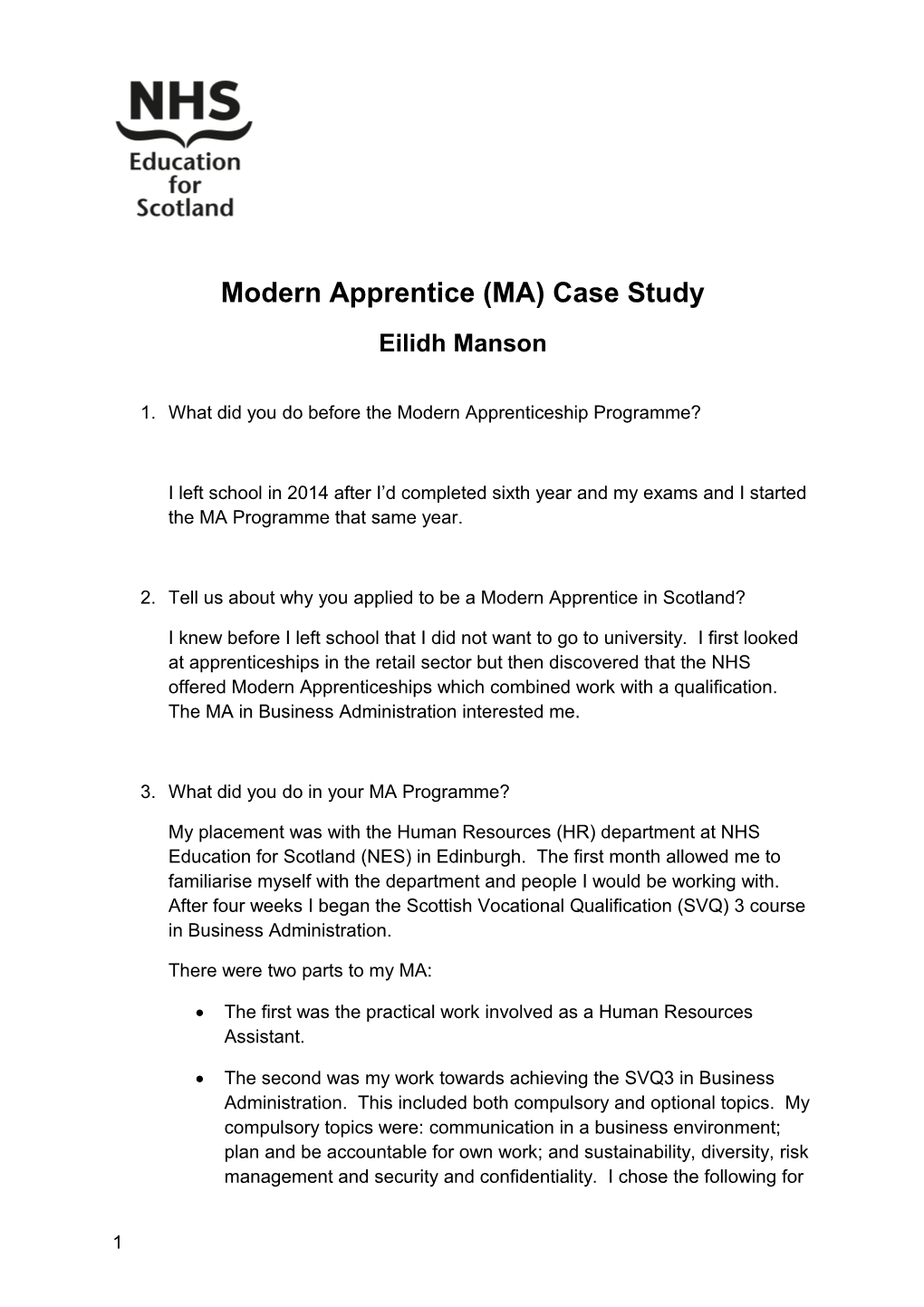Modern Apprentice (MA) Case Study