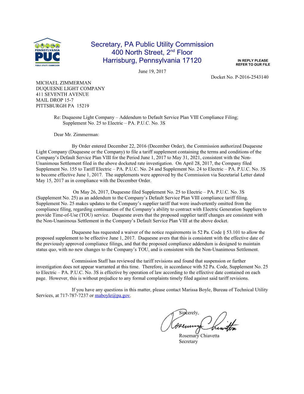 Re: Duquesne Light Company Addendum to Default Service Plan VIII Compliance Filing;