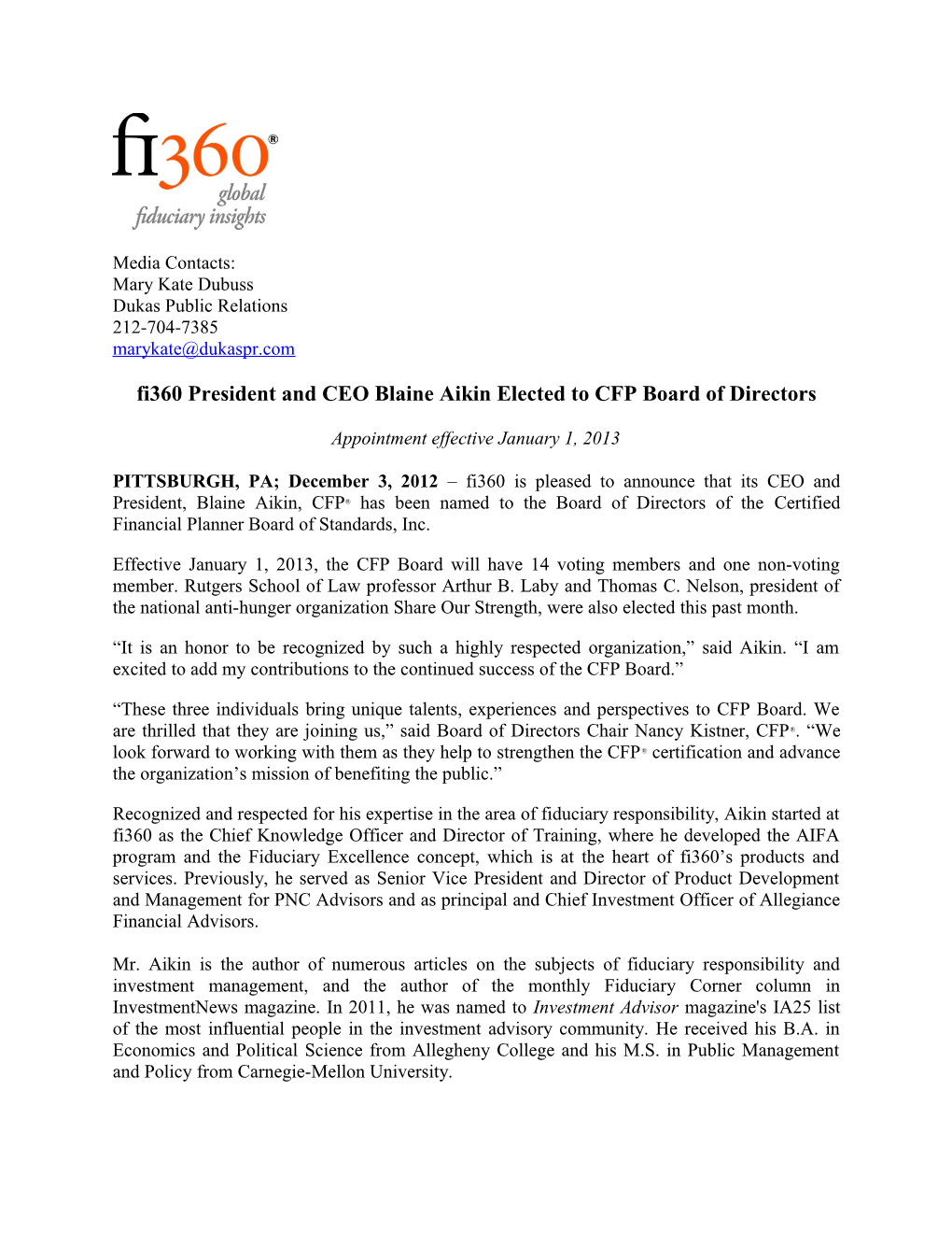 Fi360 President and CEO Blaine Aikin Elected to CFP Board of Directors
