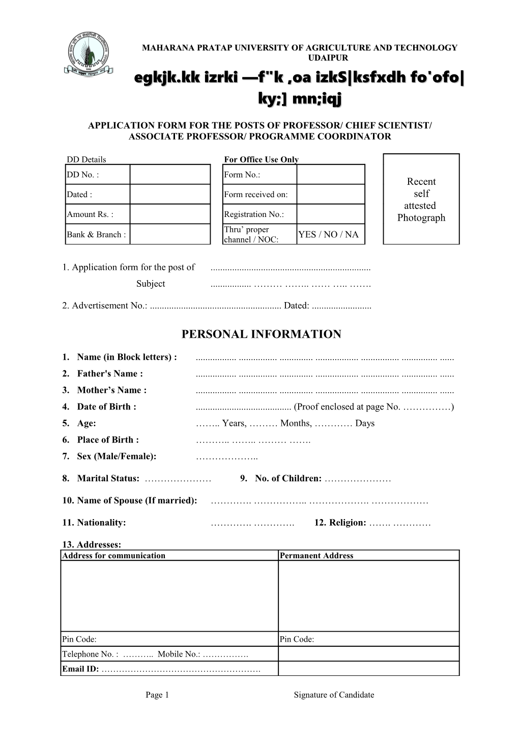 Application Form for the Posts Ofprofessor/ Chief Scientist