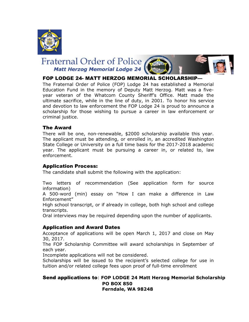 Fop Lodge 24- Matt Herzog Memorial Scholarship