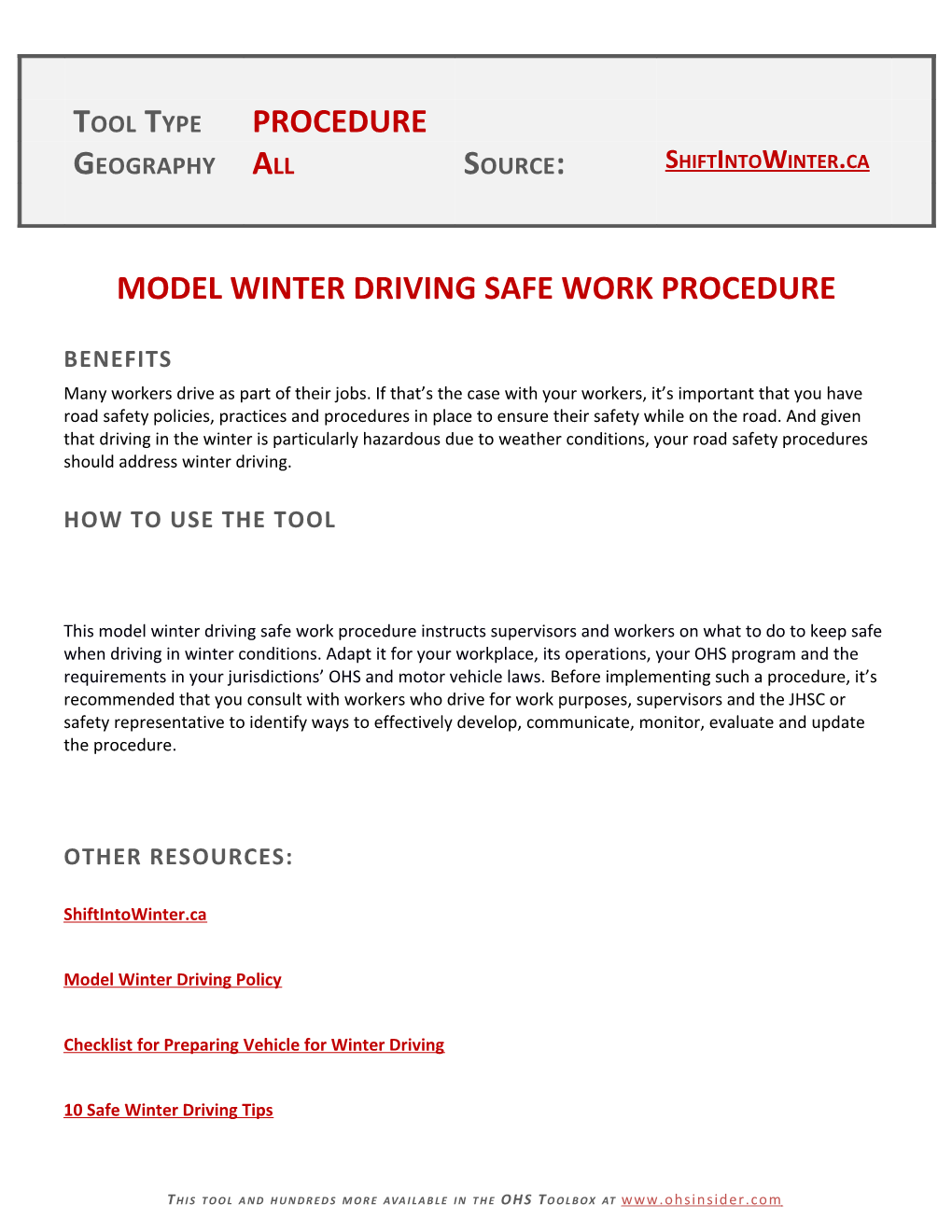 Model Winter Drivingsafe Work Procedure