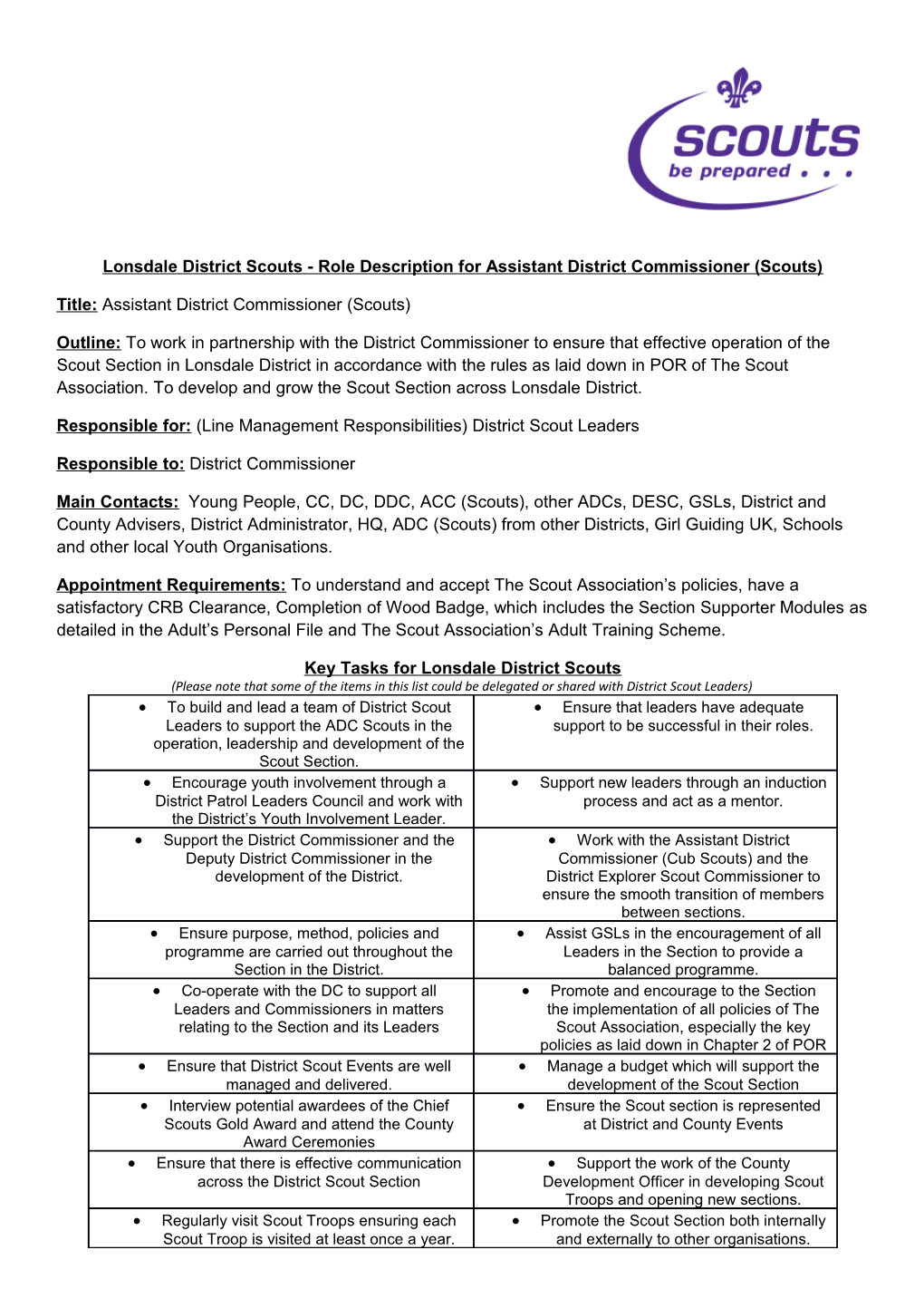 Lonsdale District Scouts - Role Description for Assistant District Commissioner (Scouts)