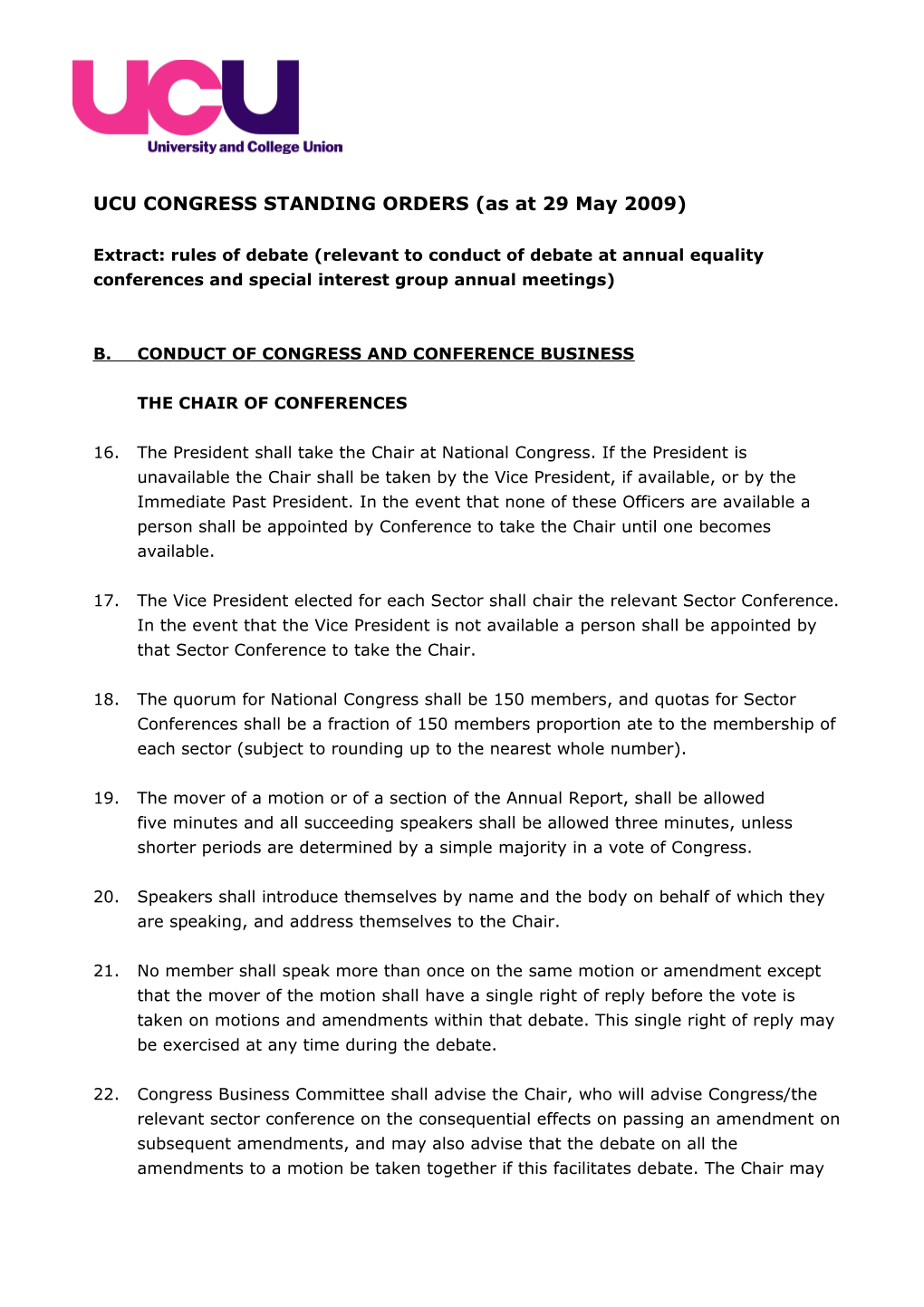 UCU CONGRESS STANDING ORDERS (As at 29 May 2009)