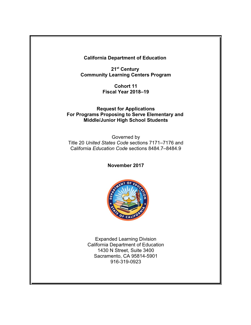 RFA-18: 21St CCLC-Elementary/Middle RFA (CA Dept of Education)