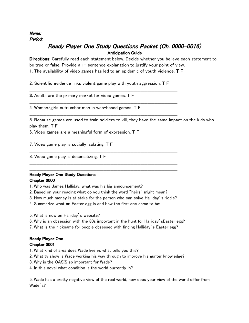 Ready Player One Study Questions Packet (Ch. 0000-0016)