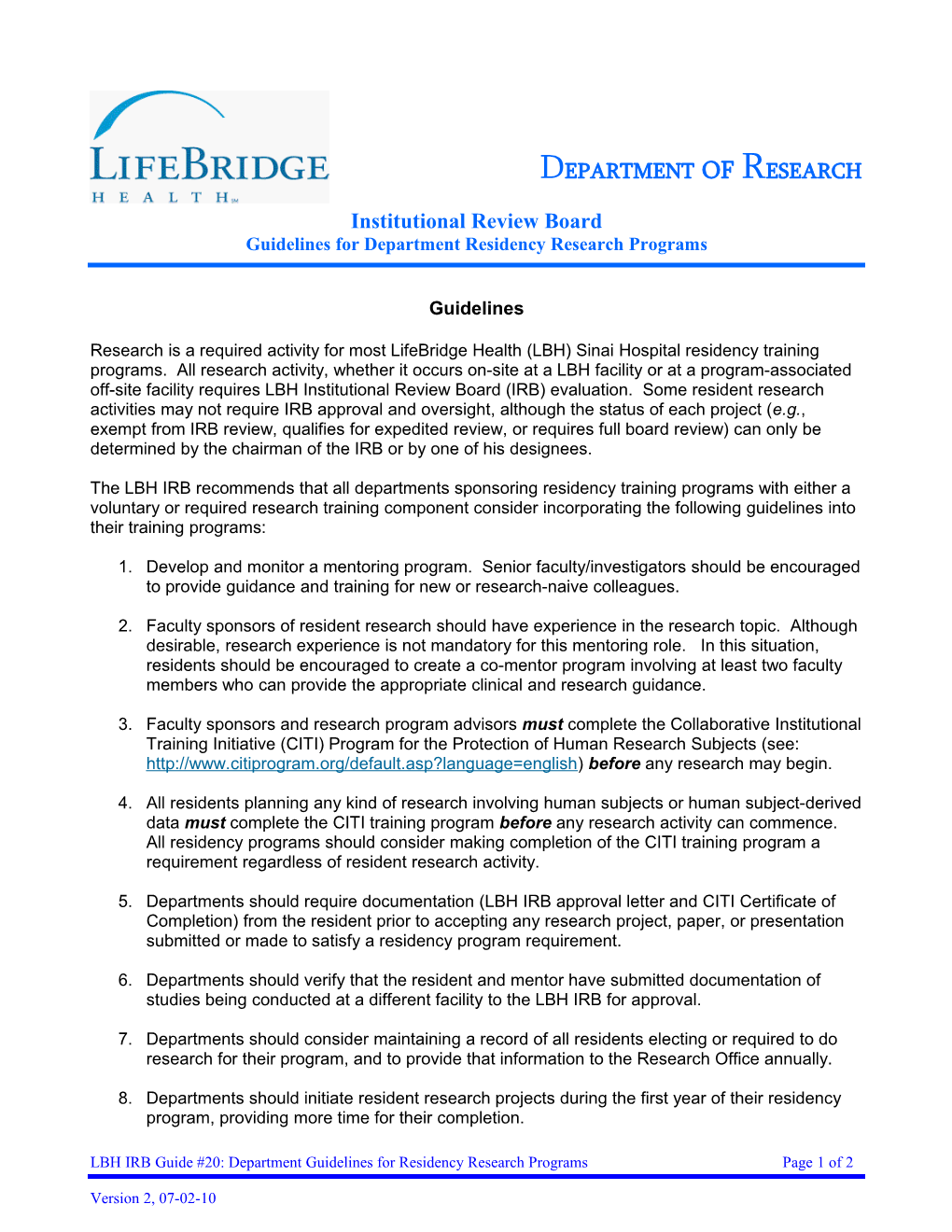 LBH IRB Guide #20: Department Guidelines for Residency Research Programs Page 1 of 2