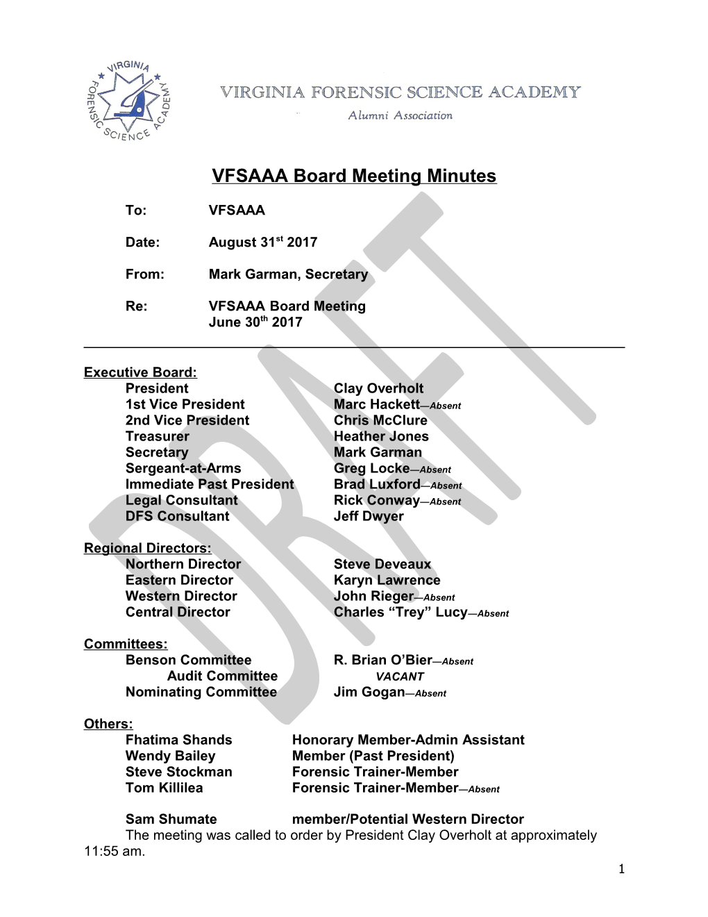 VFSAAA Board Meeting Minutes