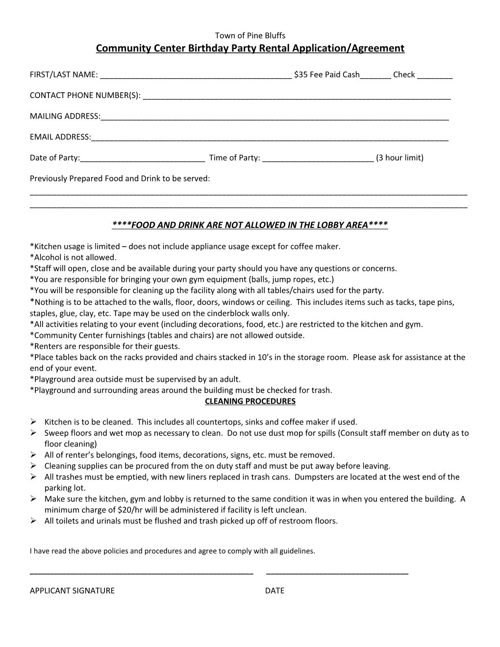 Community Center Birthday Party Rental Application/Agreement
