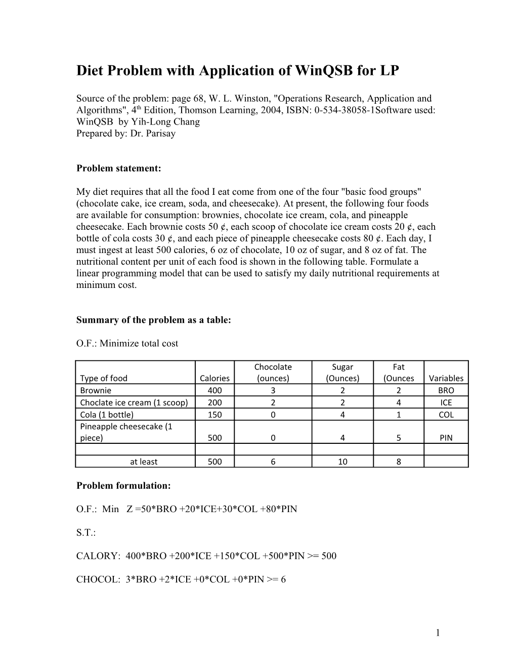 Diet Problem with Application of Winqsb for LP