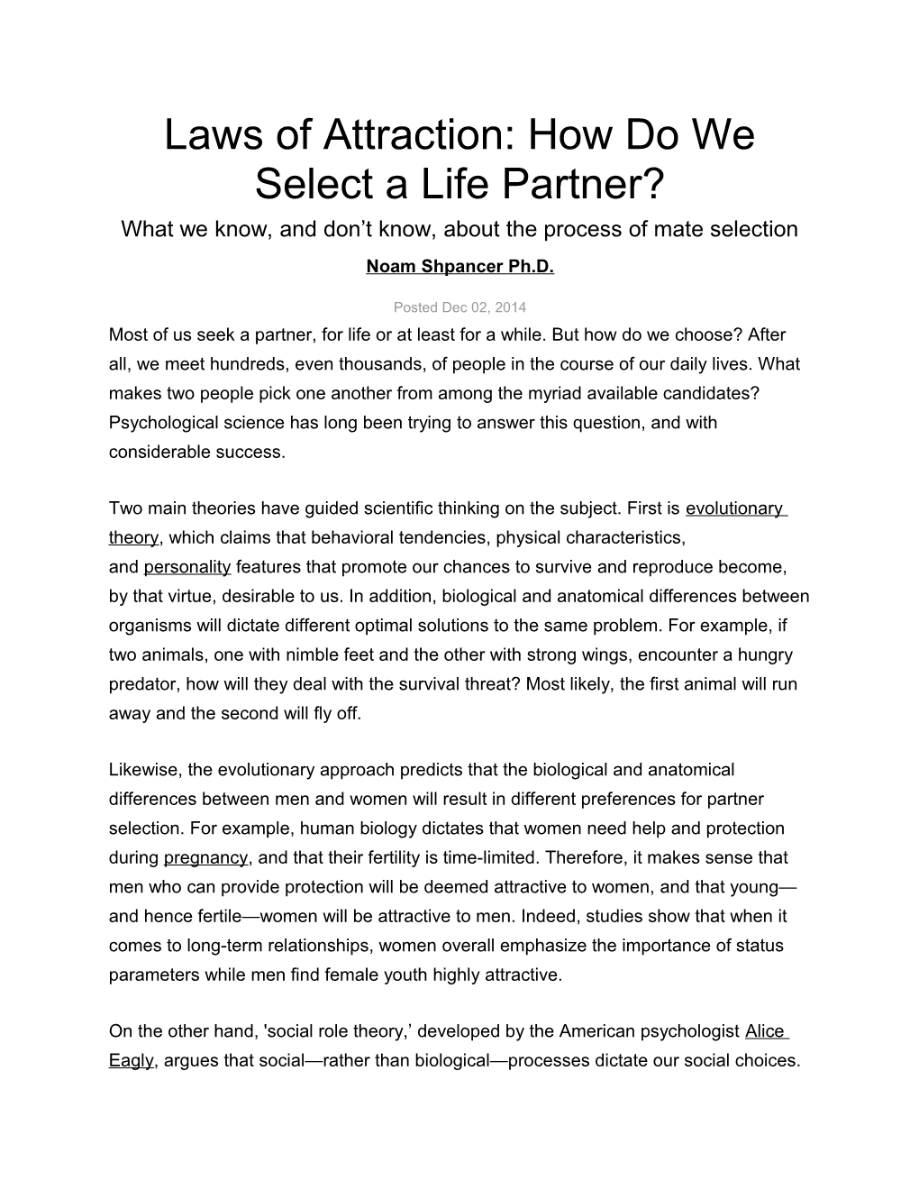 Laws of Attraction: How Do We Select a Life Partner?