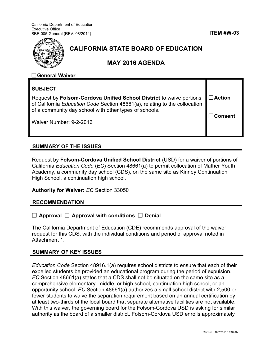 May 2016 Waiver Item W-03 - Meeting Agendas (CA State Board of Education)
