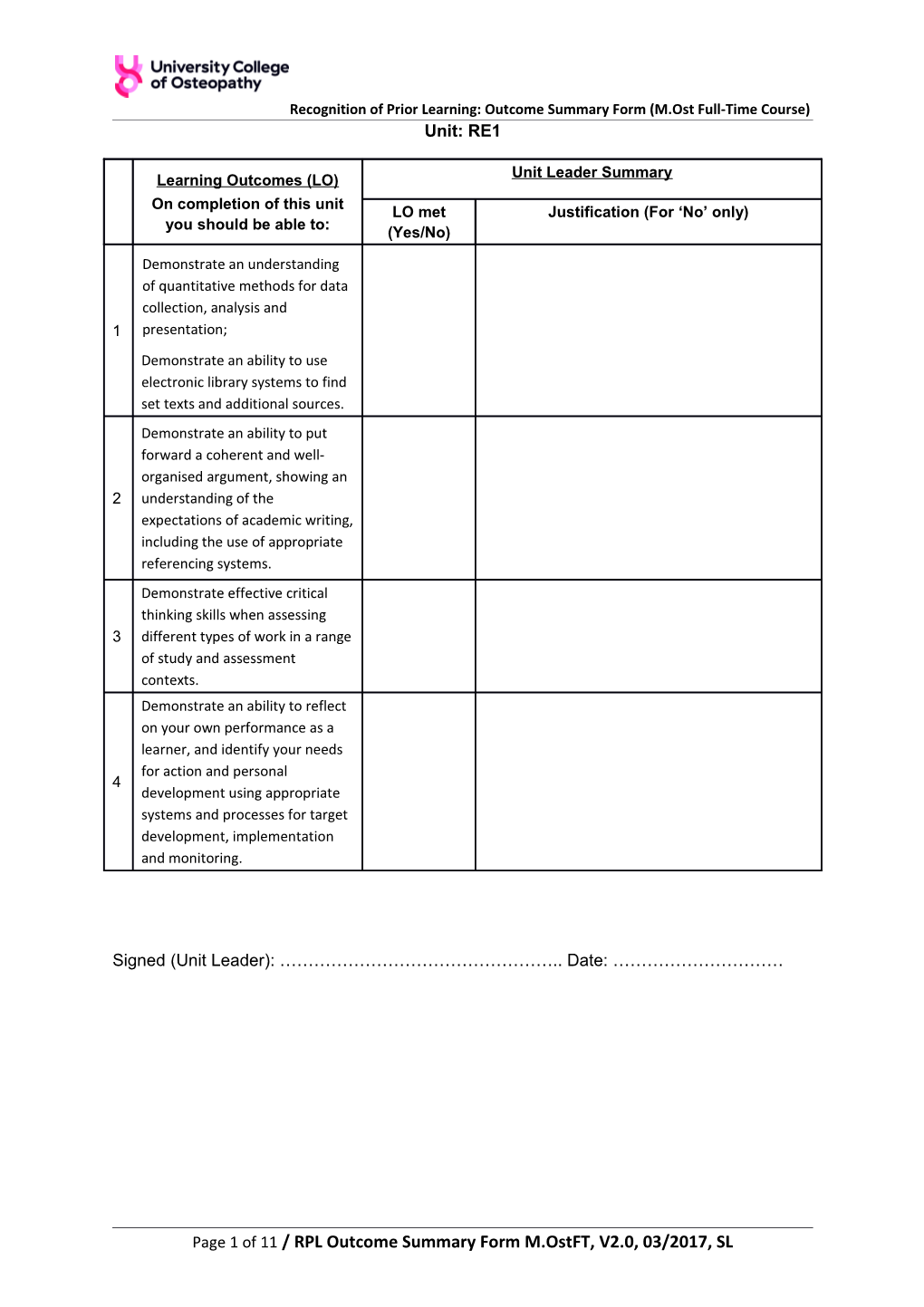 Recognition of Prior Learning: Outcome Summary Form (M.Ost Full-Time Course)