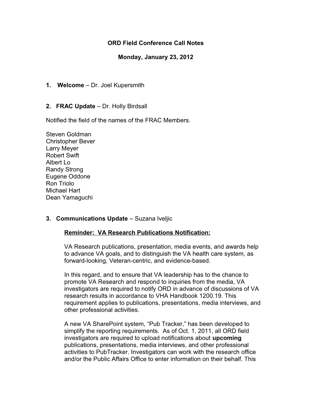 ORD Field Conference Call Notes: January 23, 2012