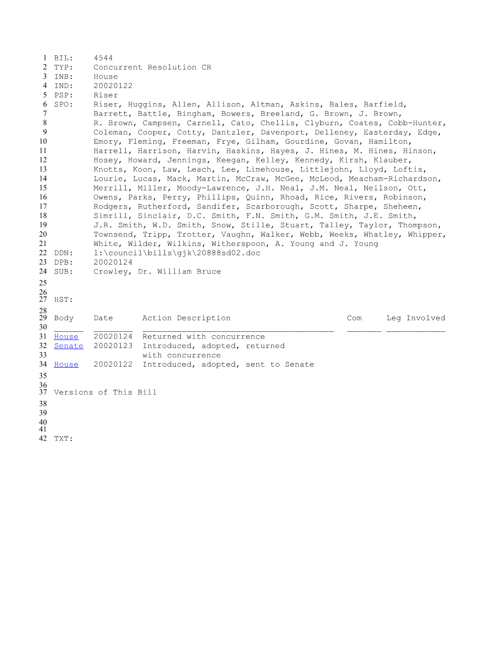 2001-2002 Bill 4544: Crowley, Dr. William Bruce - South Carolina Legislature Online