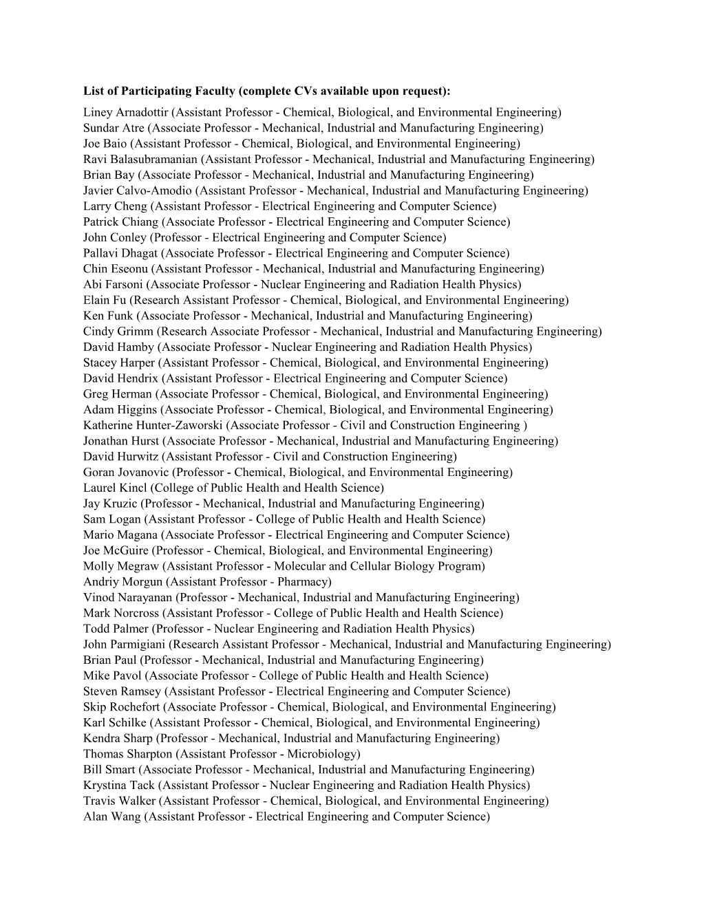 List of Participating Faculty (Complete Cvs Available Upon Request)