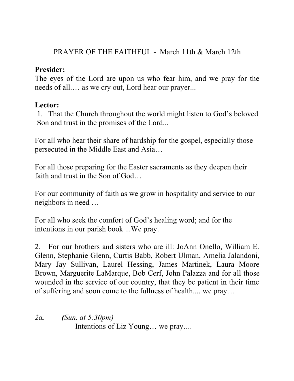 PRAYER of the FAITHFUL - March 11Thmarch12th