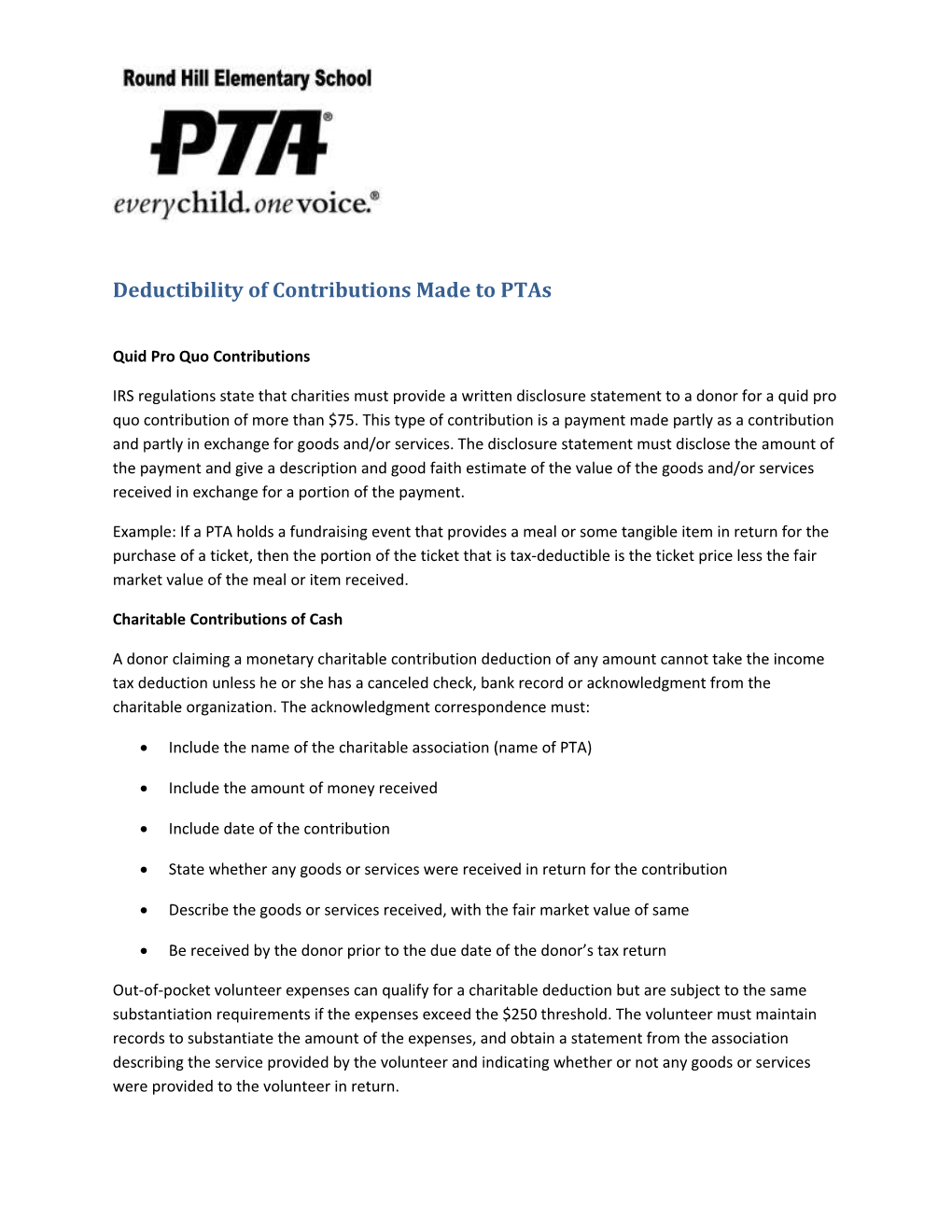 Deductibility of Contributions Made to Ptas