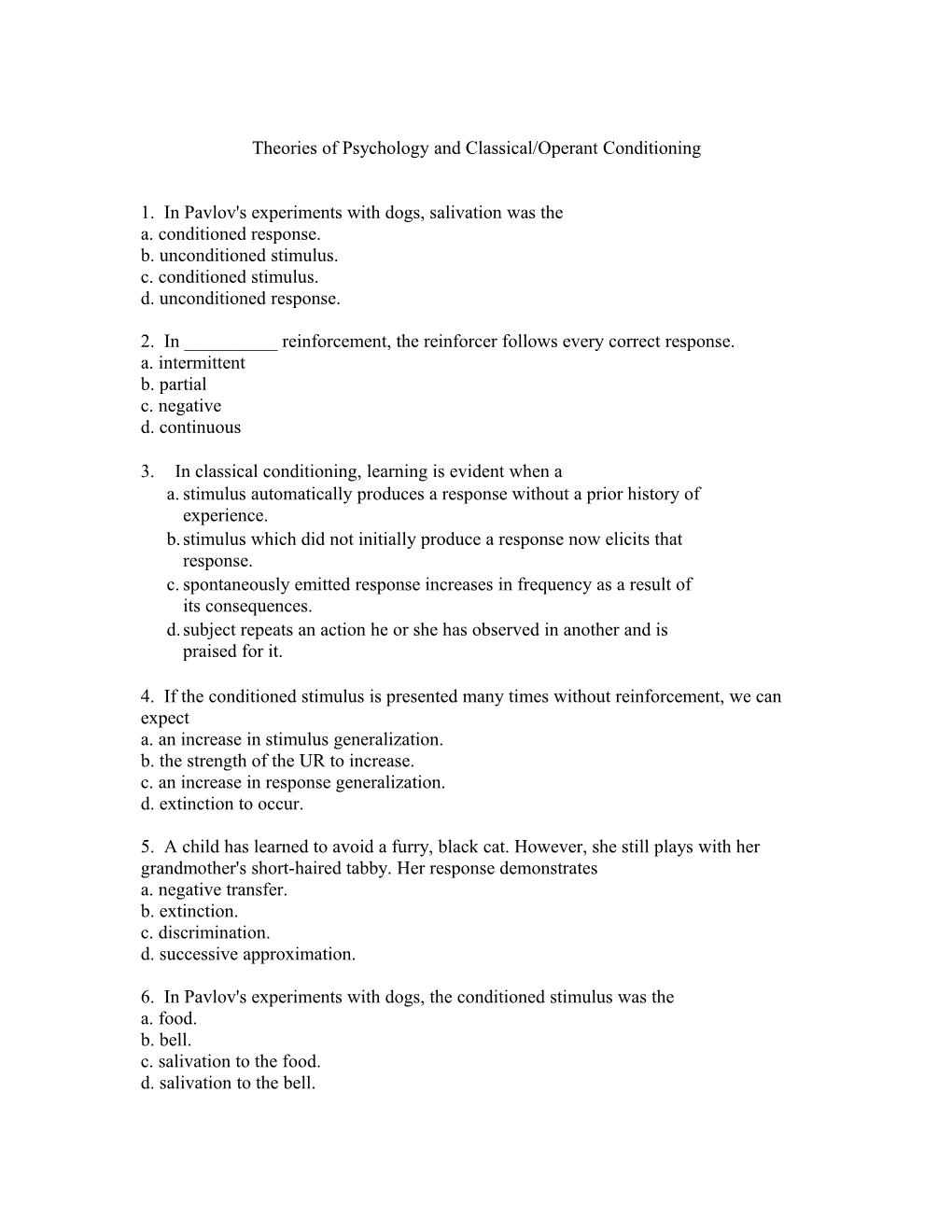 Theories of Psychology and Classical/Operant Conditioning