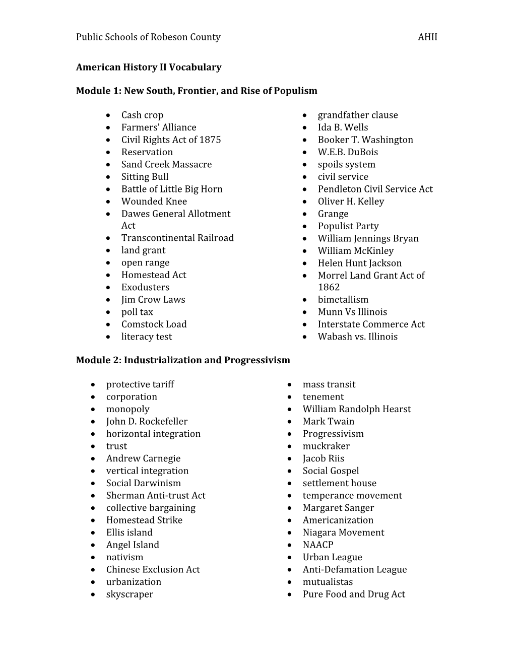 Module 1: New South, Frontier, and Rise of Populism