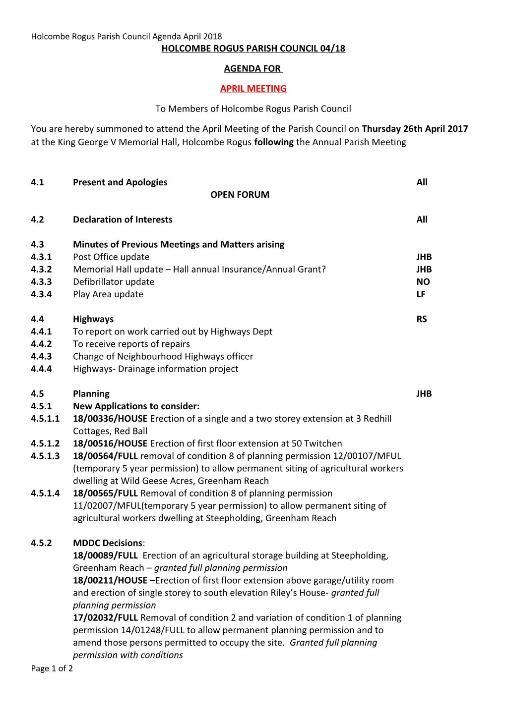 Holcombe Rogus Parish Council 04/18