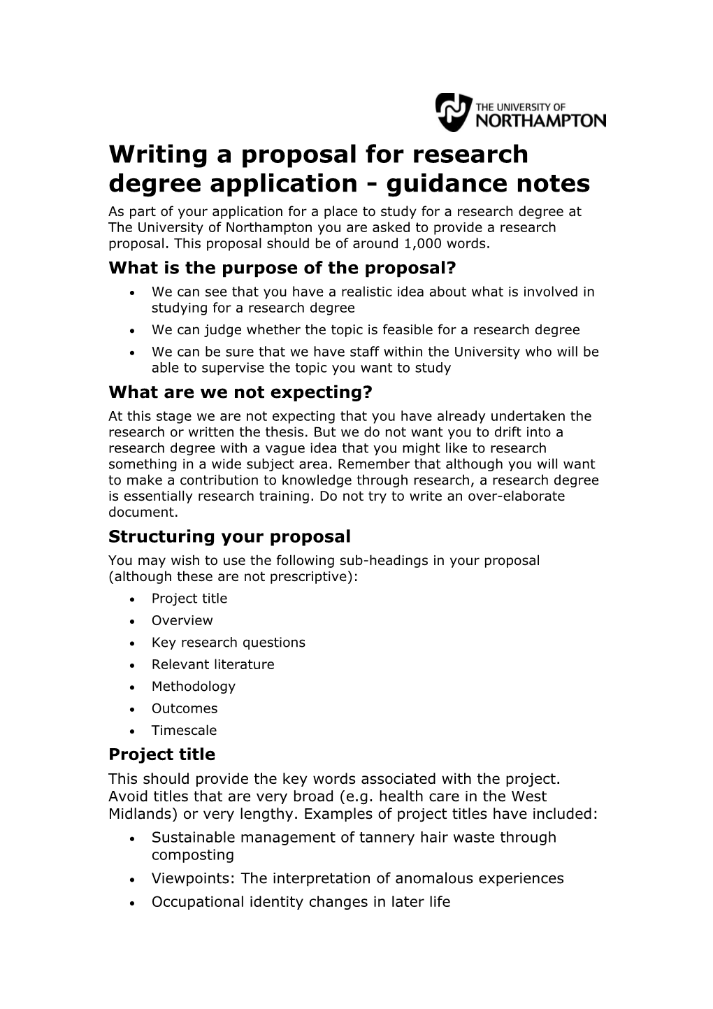Writing a Proposal for Research Degree Application - Guidance Notes
