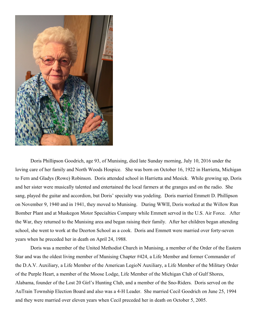 Doris Phillipson Goodrich, Age 93, of Munising, Died Late Sunday Morning, July 10, 2016