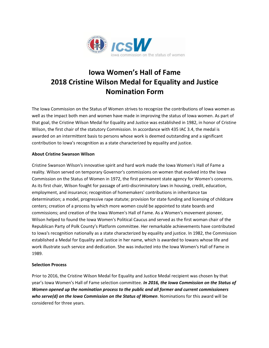Iowa Women S Hall of Fame 2018 Cristine Wilson Medal for Equality and Justice Nomination Form