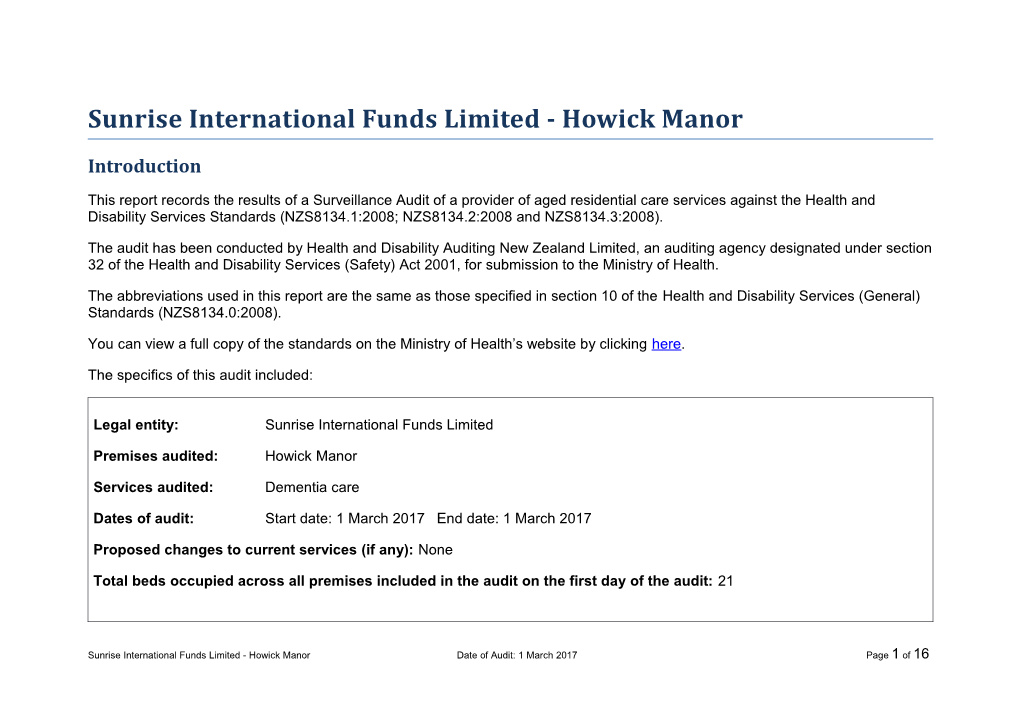 Sunrise International Funds Limited - Howick Manor