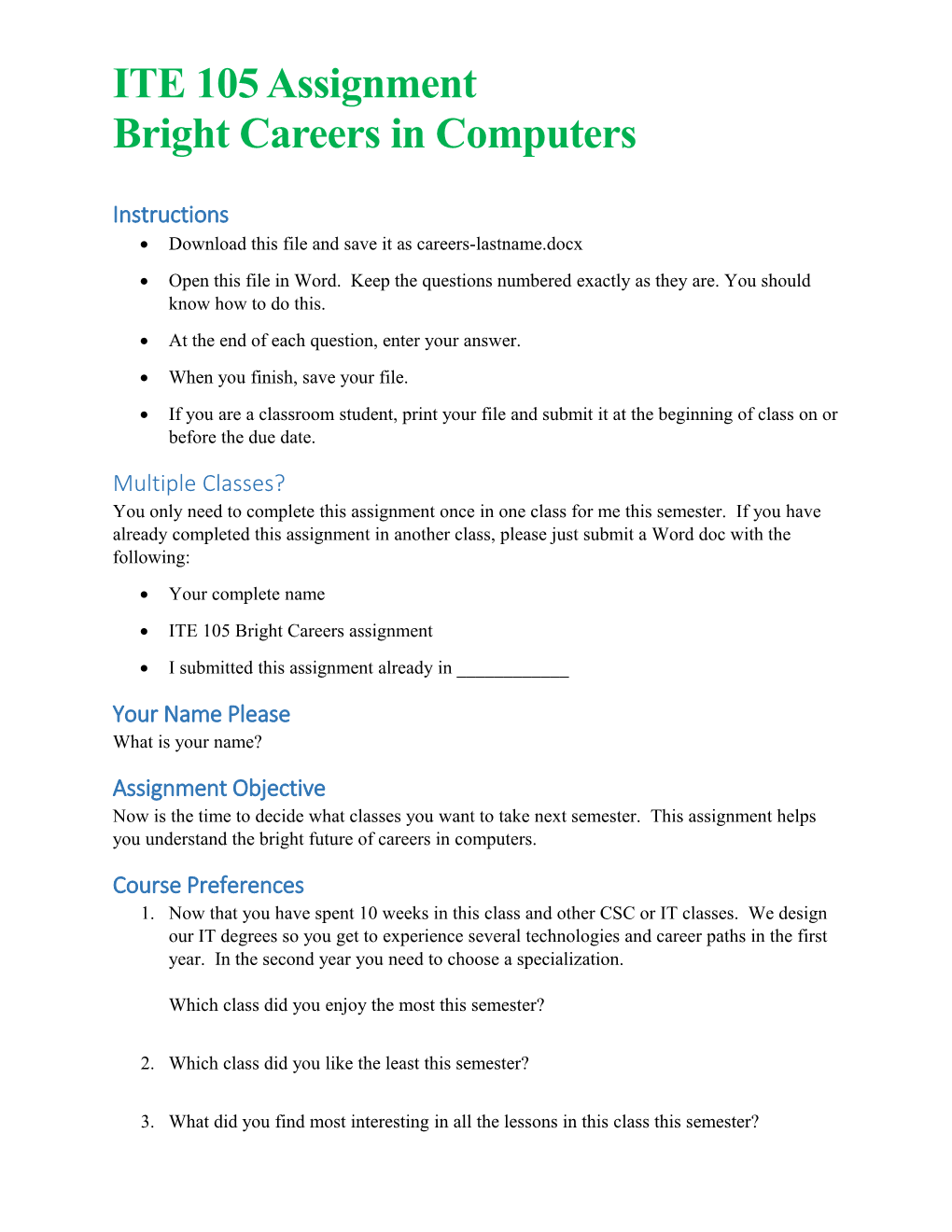 Bright Careers in Computers Assignment