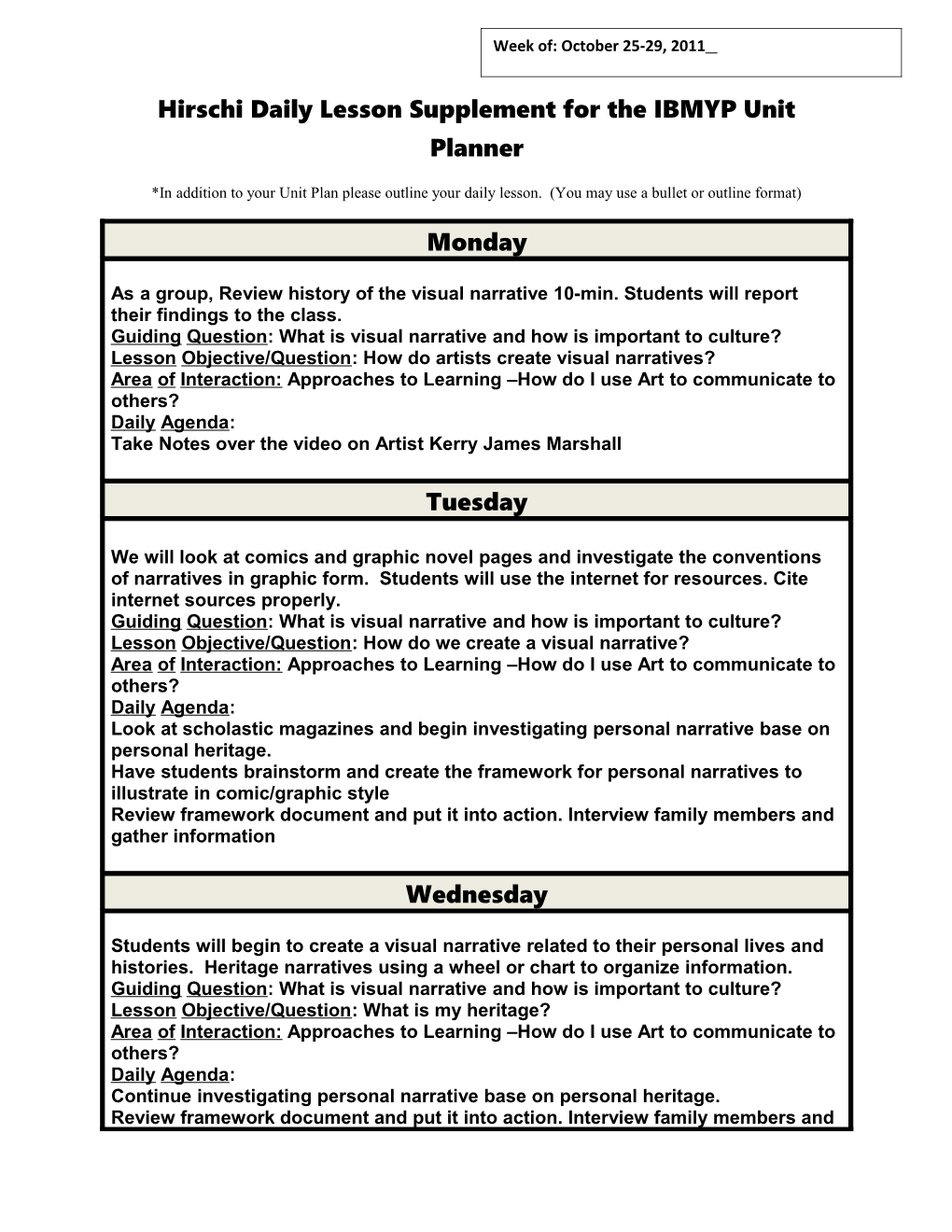 Hirschi Daily Lesson Supplement for the IBMYP Unit Planner