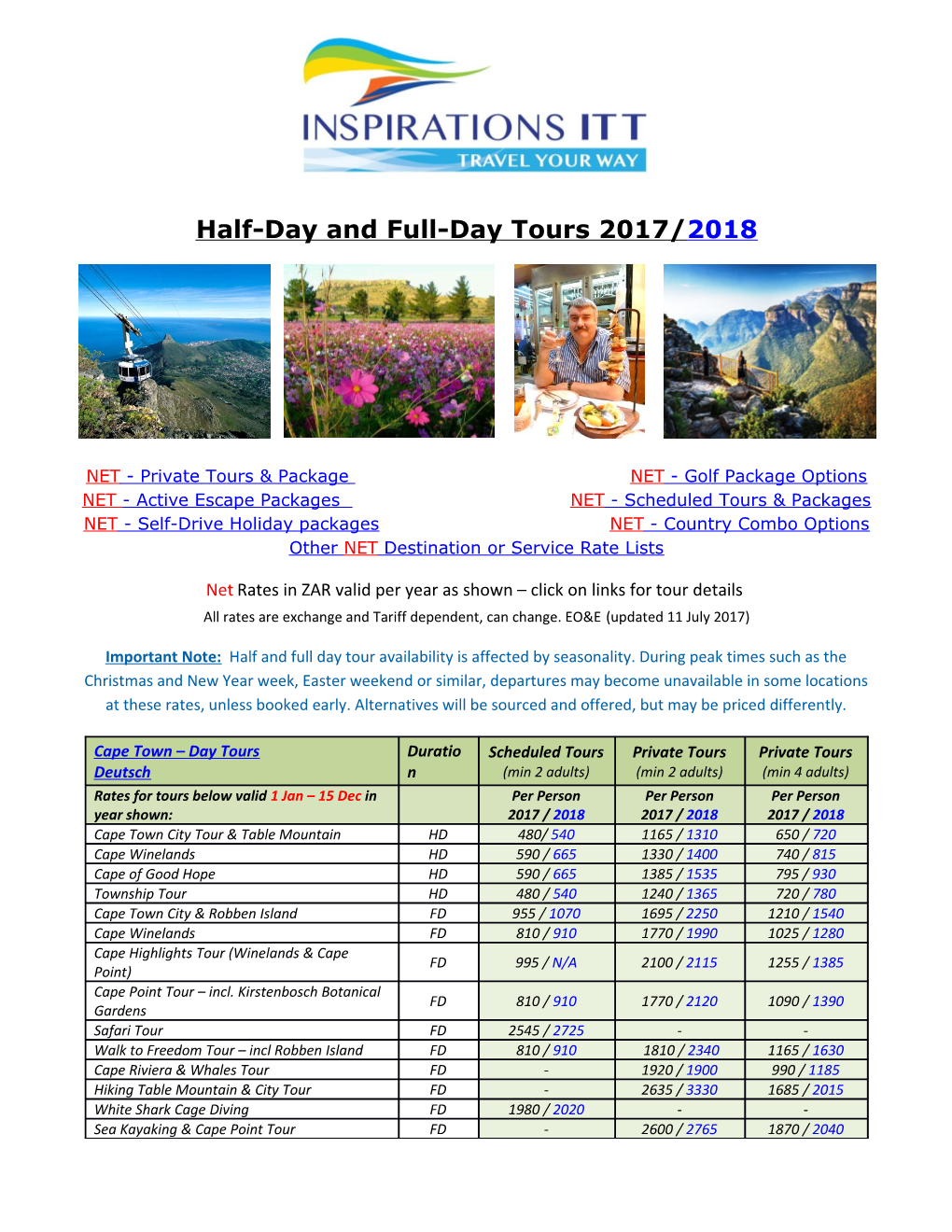 Half-Day and Full-Day Tours 2017/2018