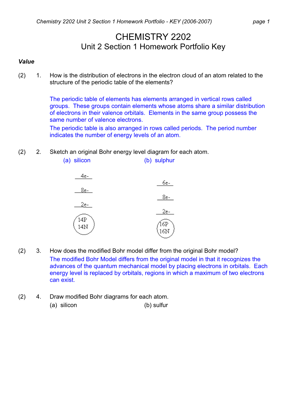 Chemistry 2202 Unit 2Section 1Homework Portfolio - KEY (2006-2007)Page 1