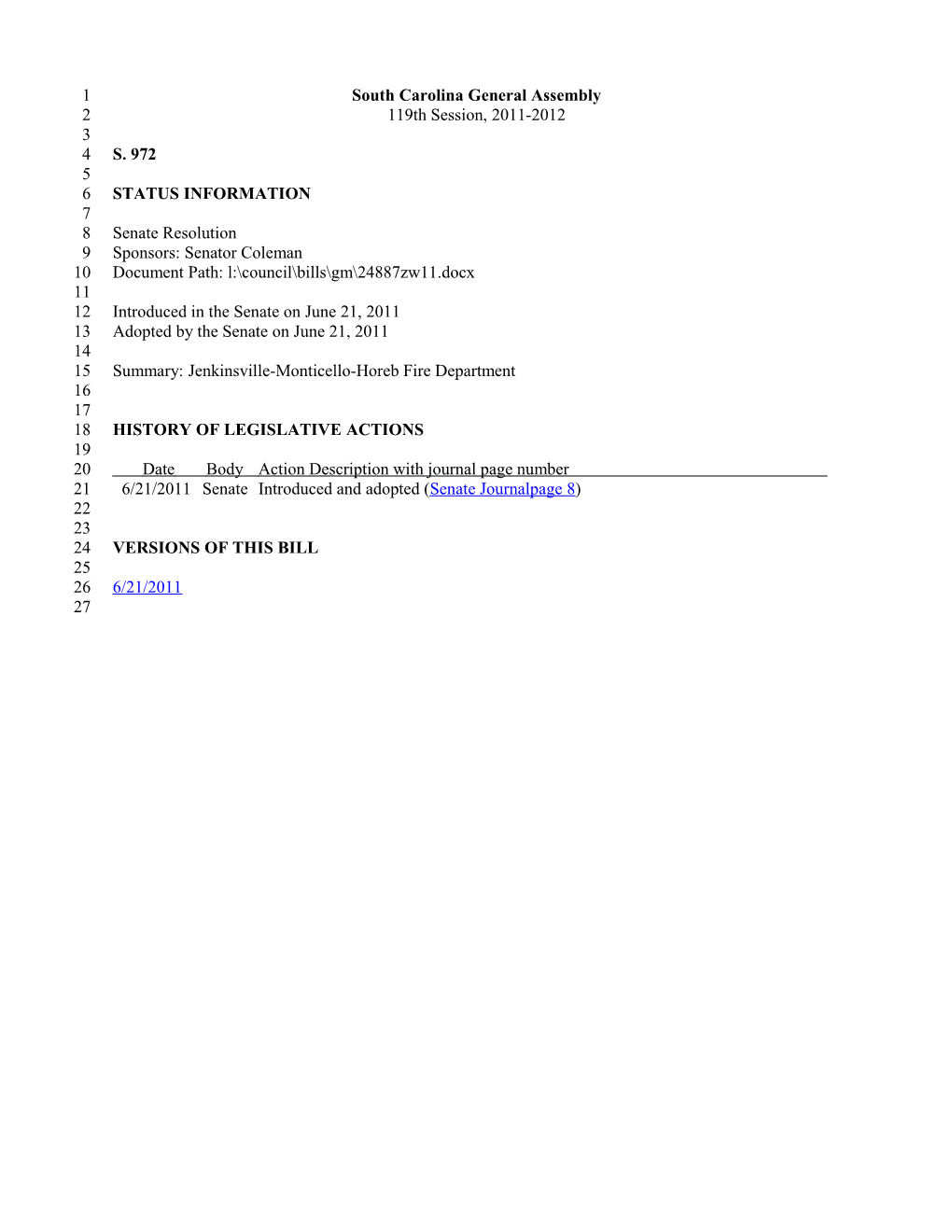 2011-2012 Bill 972: Jenkinsville-Monticello-Horeb Fire Department - South Carolina Legislature